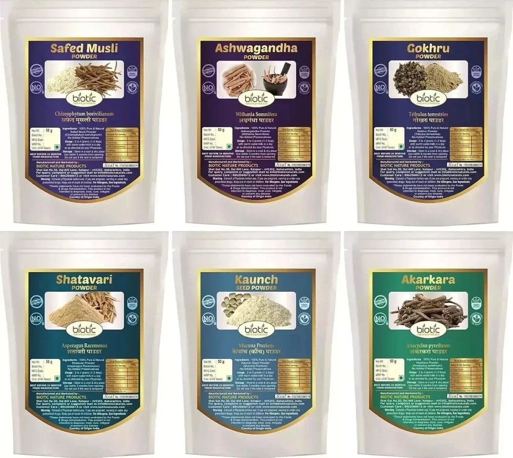 Safed Musli, Ashwagandha, Shatavari, Kaunch, Gokhru, Akarkara Powder combo Pack