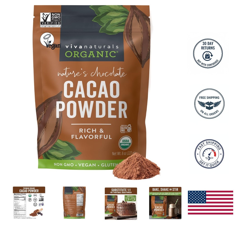 Rich Dark Chocolate Organic Cacao Powder 8 Oz – Perfect for Baking & Hot Drinks
