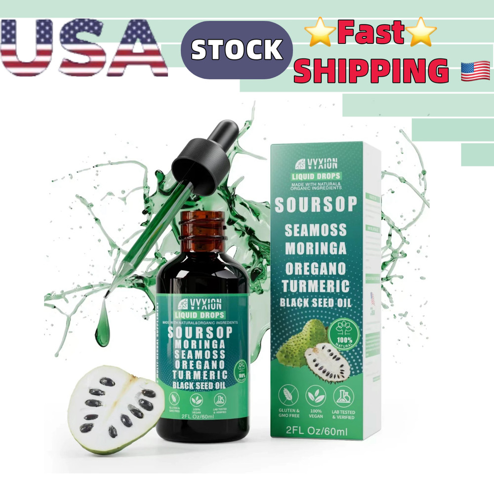 Soursop Pure Liquid Drops 10 in 1 with Sea Moss, Moringa, Turmeric, 2FL OZ/1-3 X