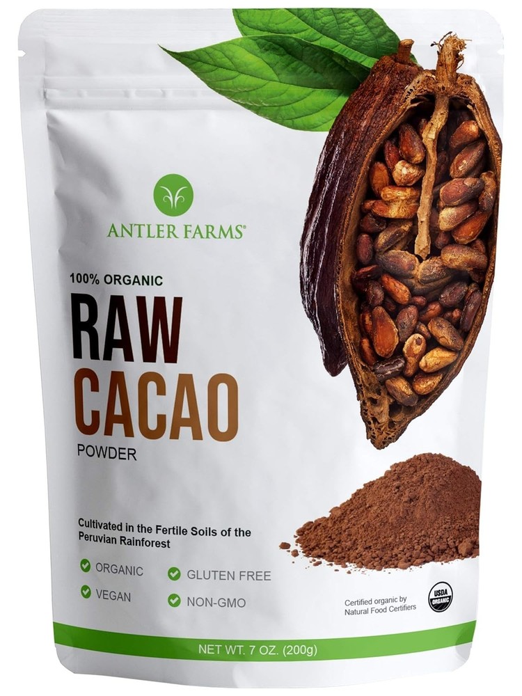 Antler Farms – 100% Pure Organic Raw Cacao Powder, 40 servings, 200g – Vegan, Gl