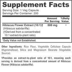 Hibiscus Flower Extract 10:1 500mg 200 Capsules (200 Servings) Non-GMO, Vegan