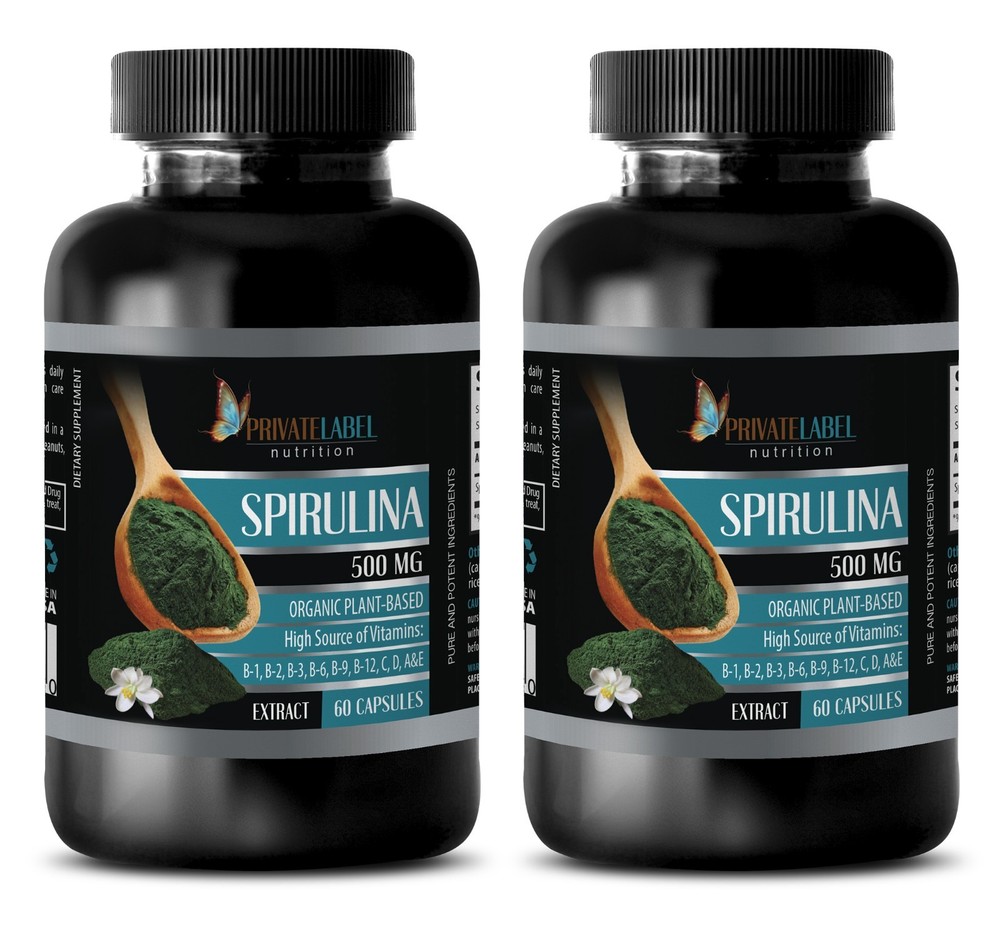 Spirulina Organic Wheat Grass – PURE SPIRULINA 500mg – Boosts Energy – 2 Bottles