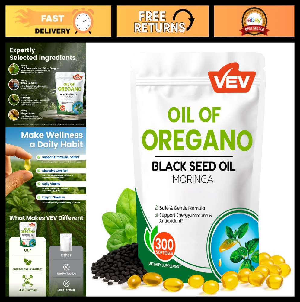 Organic Oil of Oregano with Black Seed & Moringa – 300 Softgels, Carvacrol-Rich