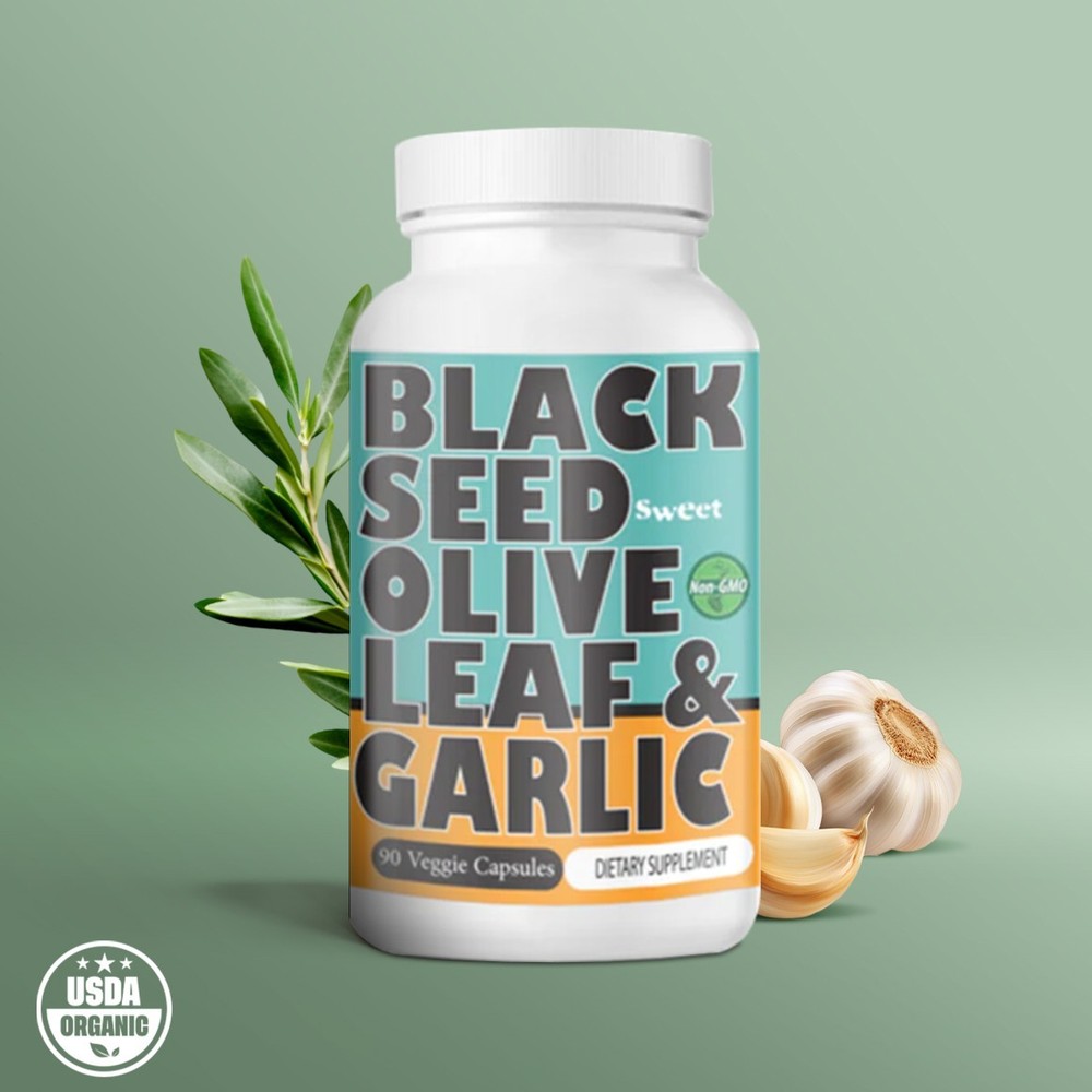BLACK SEED OLIVE LEAF GARLIC – Blood Support Digestive Skin Hair Brain 90 Caps