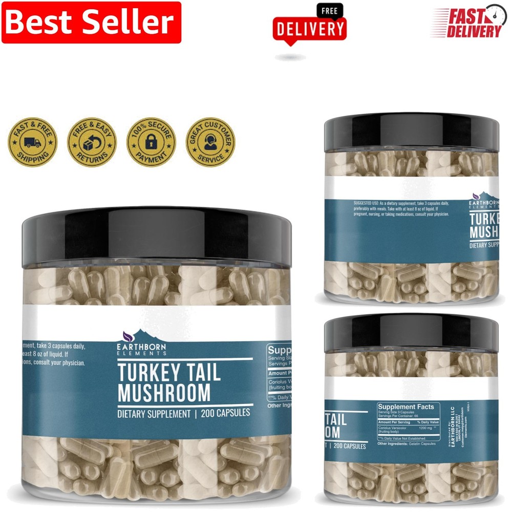 Turkey Tail Mushroom Capsules 200 Count – Undiluted Formula for Optimal Health