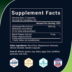 Ashwagandha 600mg with Black Pepper 5mg Extract Gluten Free Supplement 120 Caps