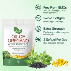 Oil of Oregano with Black Seed Oil Softgels 6200mg,High Carvacrol & Thymoquinone