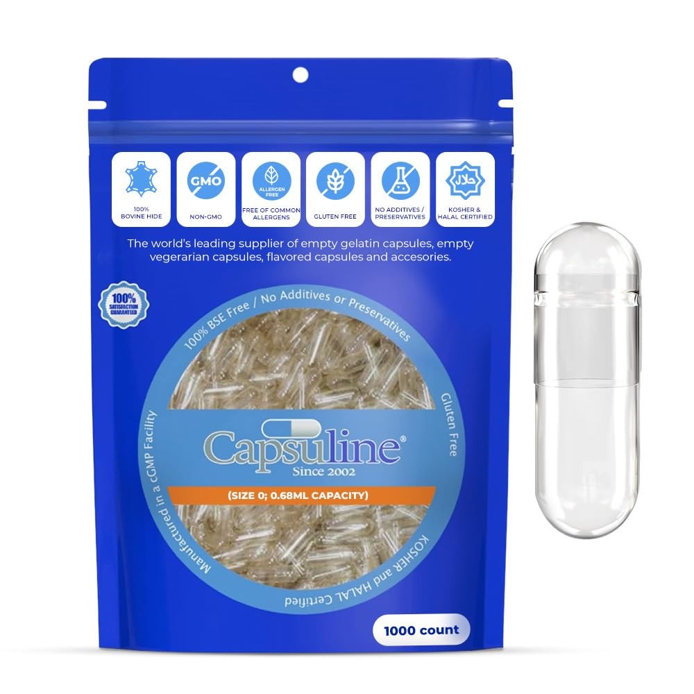 Size 0 Empty Gelatin Capsules, Clear – 1000 Count | Gluten Free, Kosher, Non-…