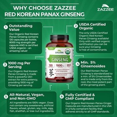 USDA Organic Red Korean Panax Ginseng 20:1 Extract, 1000 mg, 5% Ginsenosides,…