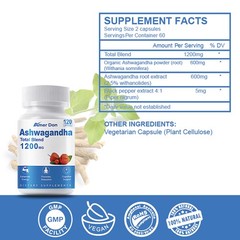 Organic Ashwagandha Capsules 1200mg 120 Capsules with Black Pepper Root Powder