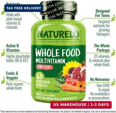 NATURELO Multivitamins for Teenage Girls/Boys, 60 Capsules, Whole Food Multivita