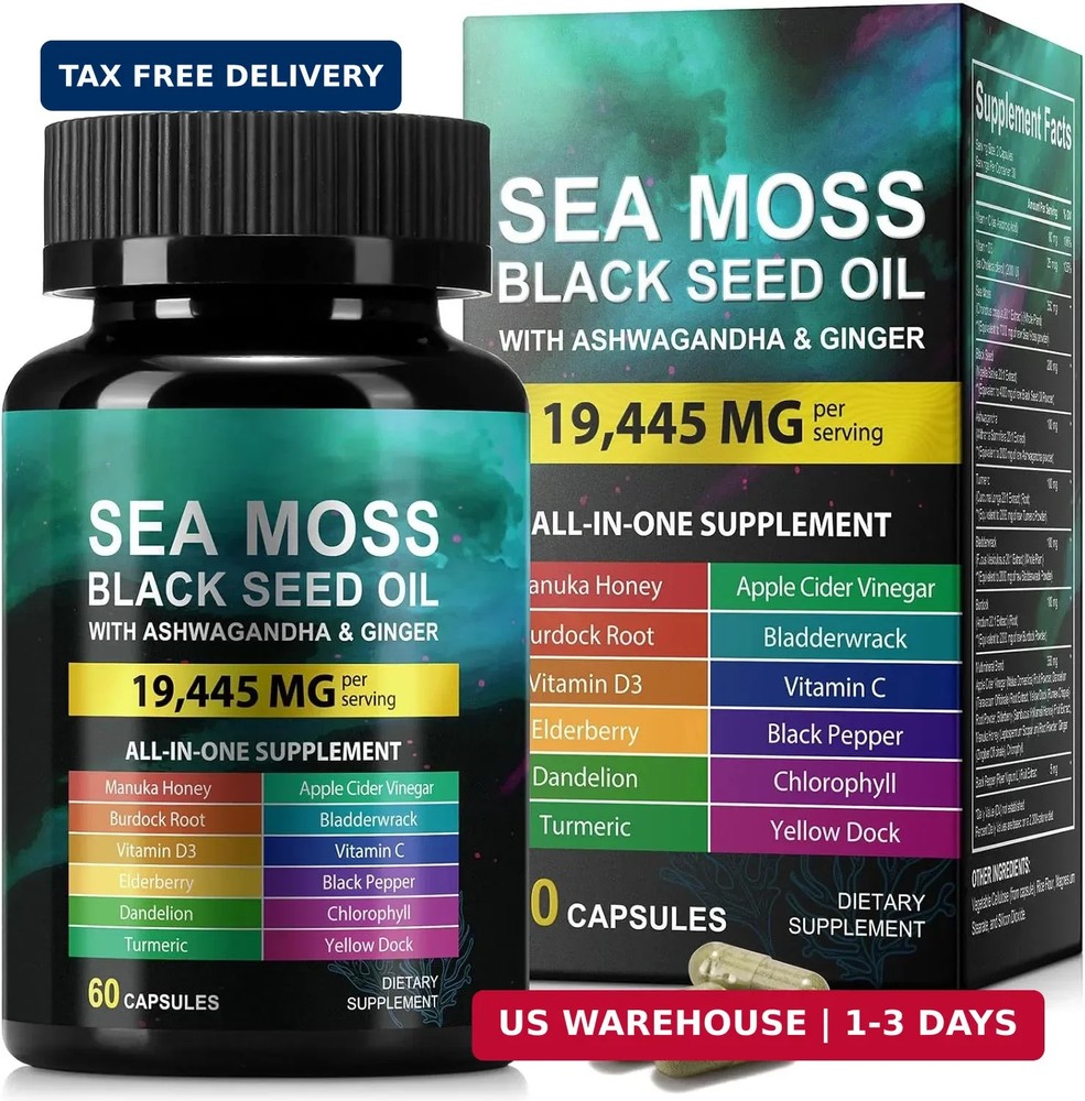 Sea Moss Black Seed Oil Ashwagandha Ginger, Sea Moss Capsule Supplement with Tur