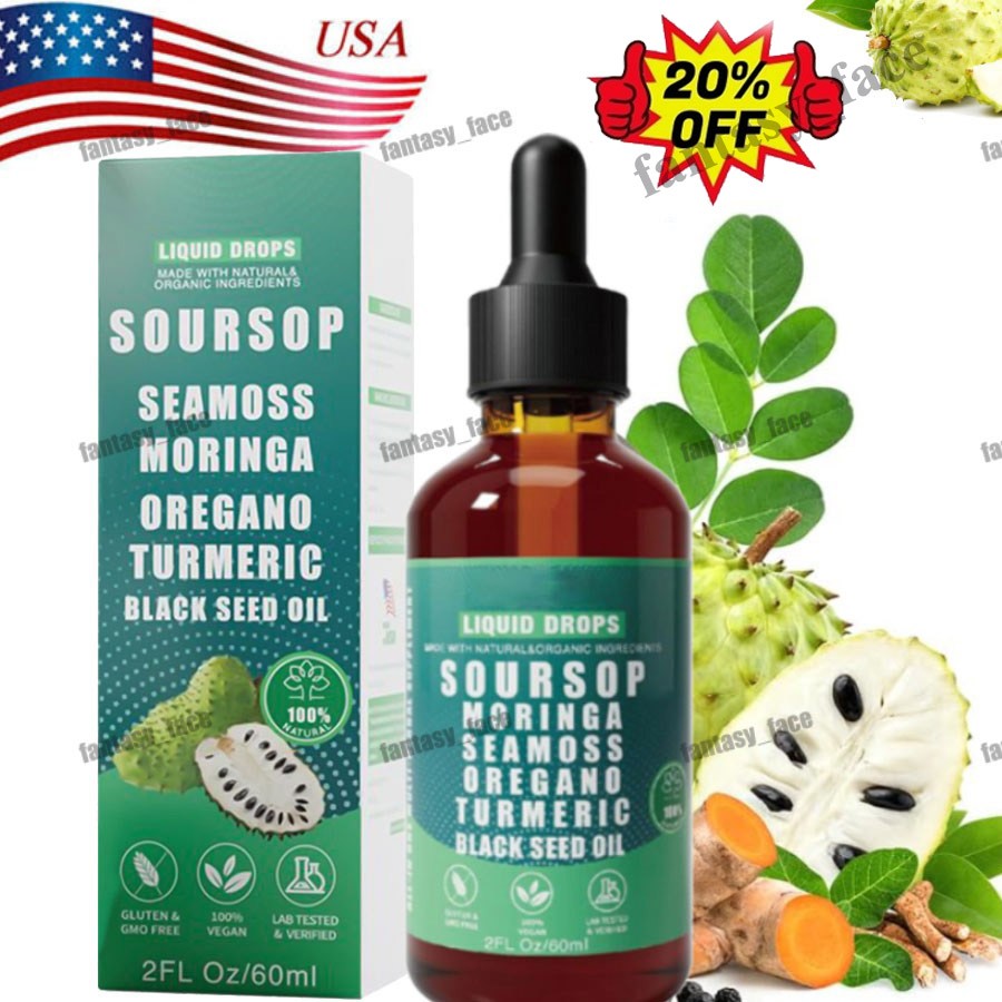 Soursop Pure Liquid Drops 10 in 1 with Sea Moss, Moringa, Turmeric, 2FL OZ/60ml