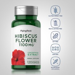 Hibiscus Flowers 1100 mg | 120 Capsules | Non-GMO, Gluten Free | by Piping Rock
