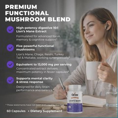 Genius Memory & Focus Mushrooms, made in USA, FAST SHIPPING – 90 Veggie Capsules