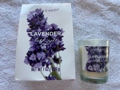 body & earth lavender bath salts & lavender scented candle & lowest price