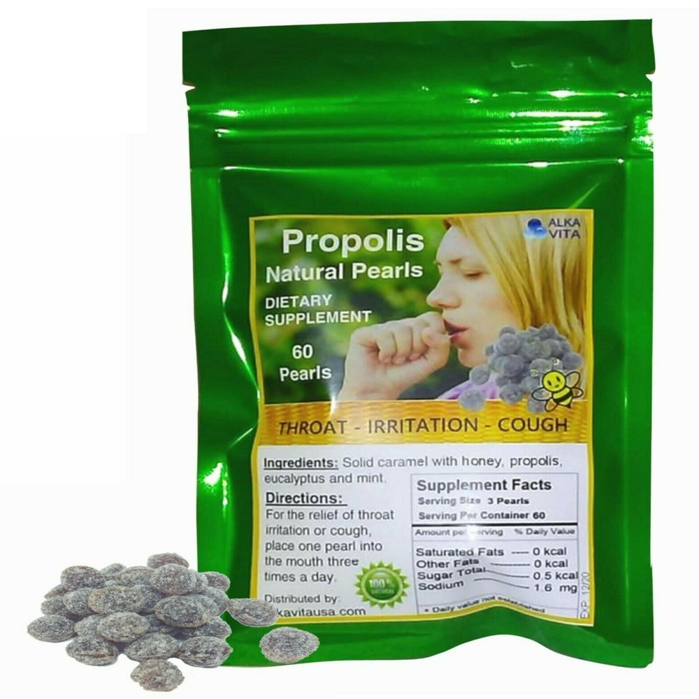 Sore Throat & Cough Relief Bee Propolis Eucalyptus Pearls Herb Nutrition 60 Bag