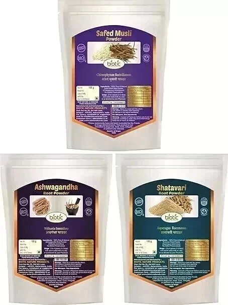 Organic Safed Musli, Ashwagandha & Shatavari Powder – 300gms (100gms each)