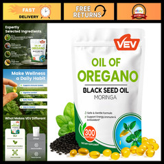 Organic Oil of Oregano with Black Seed & Moringa – 300 Softgels, Carvacrol-Rich