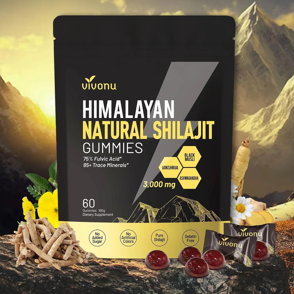 VivoNu Himalayan Shilajit Gummies Ashwagandha Gokshura Fulvic 85+ Minerals