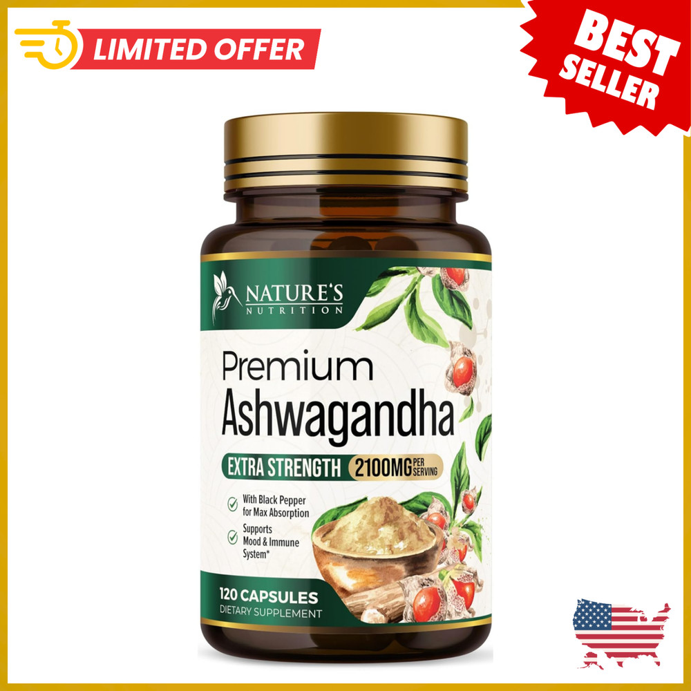 Organic Ashwagandha 2100mg Capsules w/ Black Pepper Root Supplement