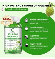 Soursop/ Graviola Gummies/2000mg/Vitamin C & Zinc /60 Gummies/Best By 05/2026