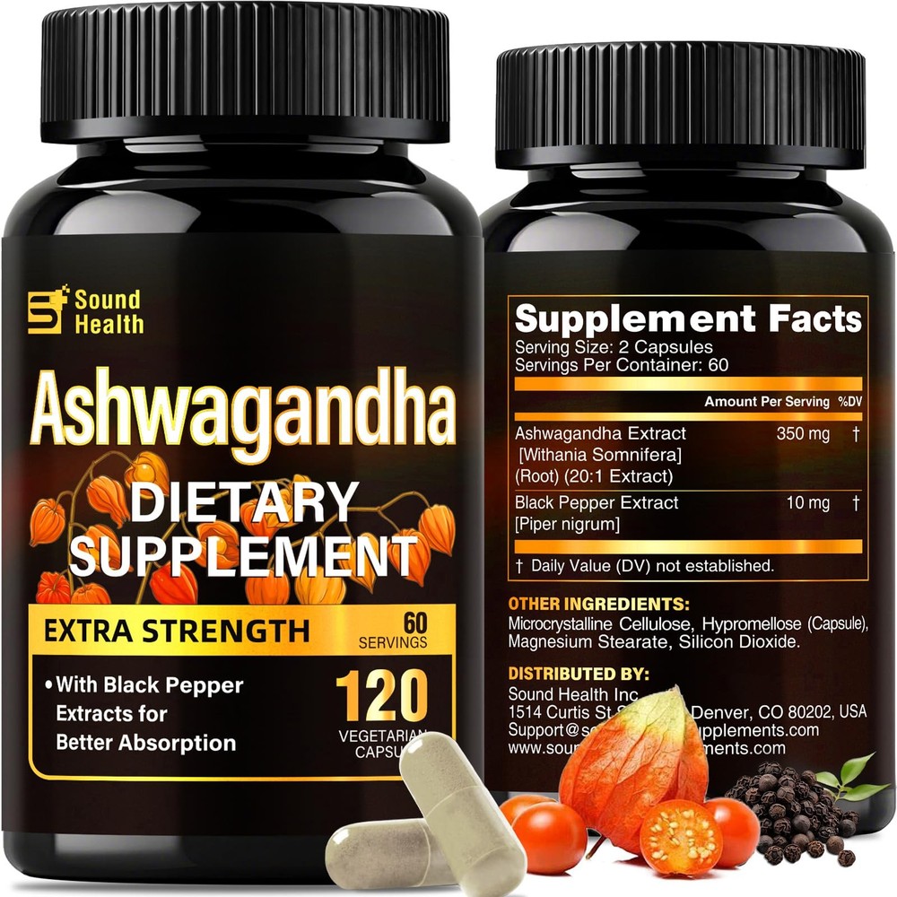 Organic Ashwagandha 7000mg 20:1 Root Extract + Black Pepper BioPerine -120 Caps