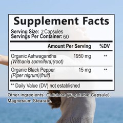 Organic Ashwagandha Capsules 1950mg Supplement w/ Black Pepper Root Powder