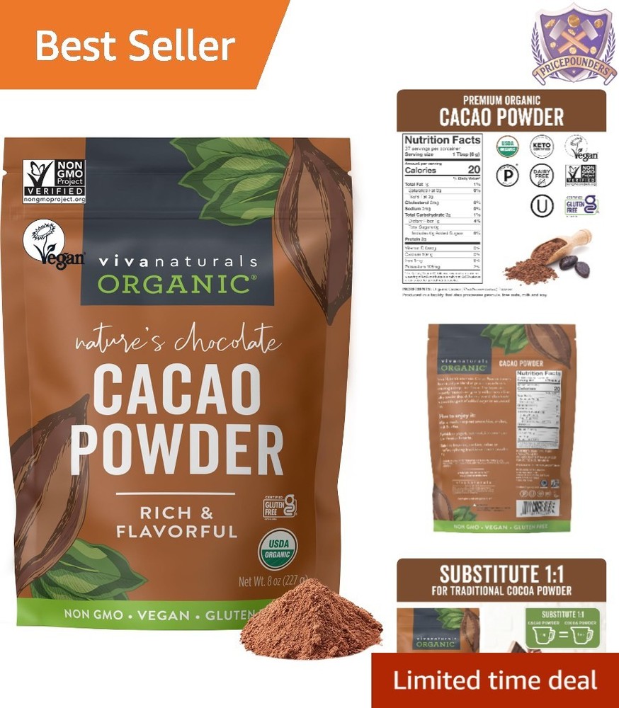 Organic Cacao Powder Unsweetened 8 oz for Baking Smoothies & Hot Chocolate
