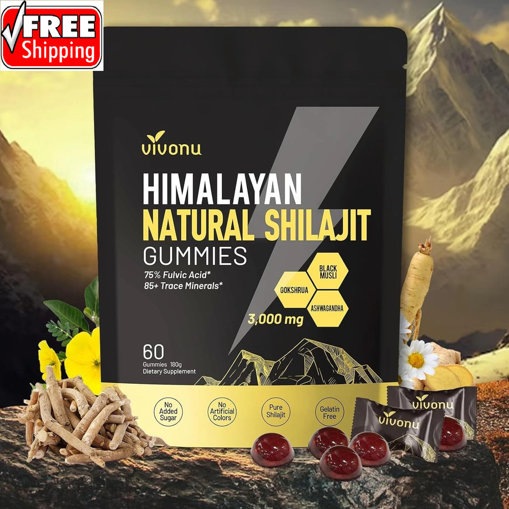 VivoNu Himalayan Shilajit Gummies 3000mg, Ashwagandha, Fulvic Acid, 60 Count