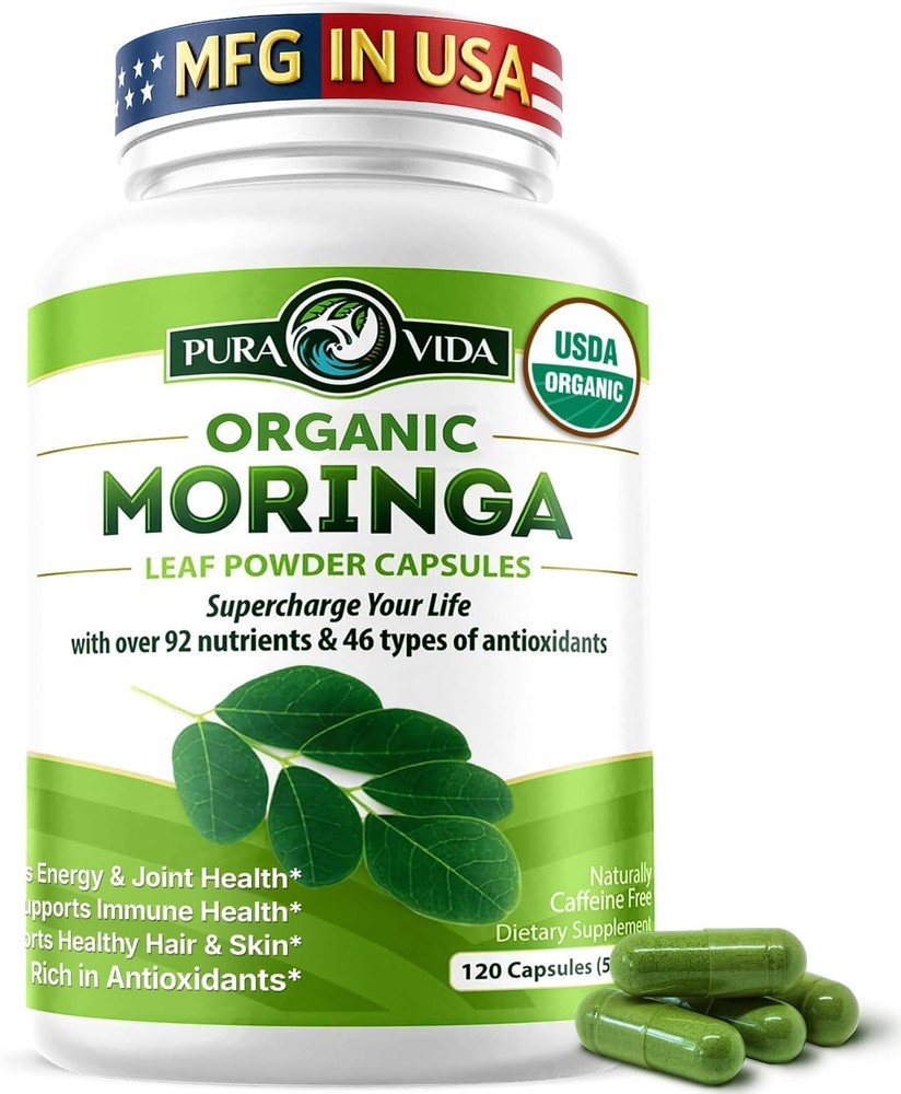 PURA VIDA MORINGA Organic Moringa Capsules, Pure Moringa Leaf Powder Single Orig