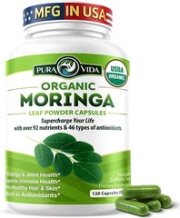PURA VIDA MORINGA Organic Moringa Capsules, Pure Moringa Leaf Powder Single Orig