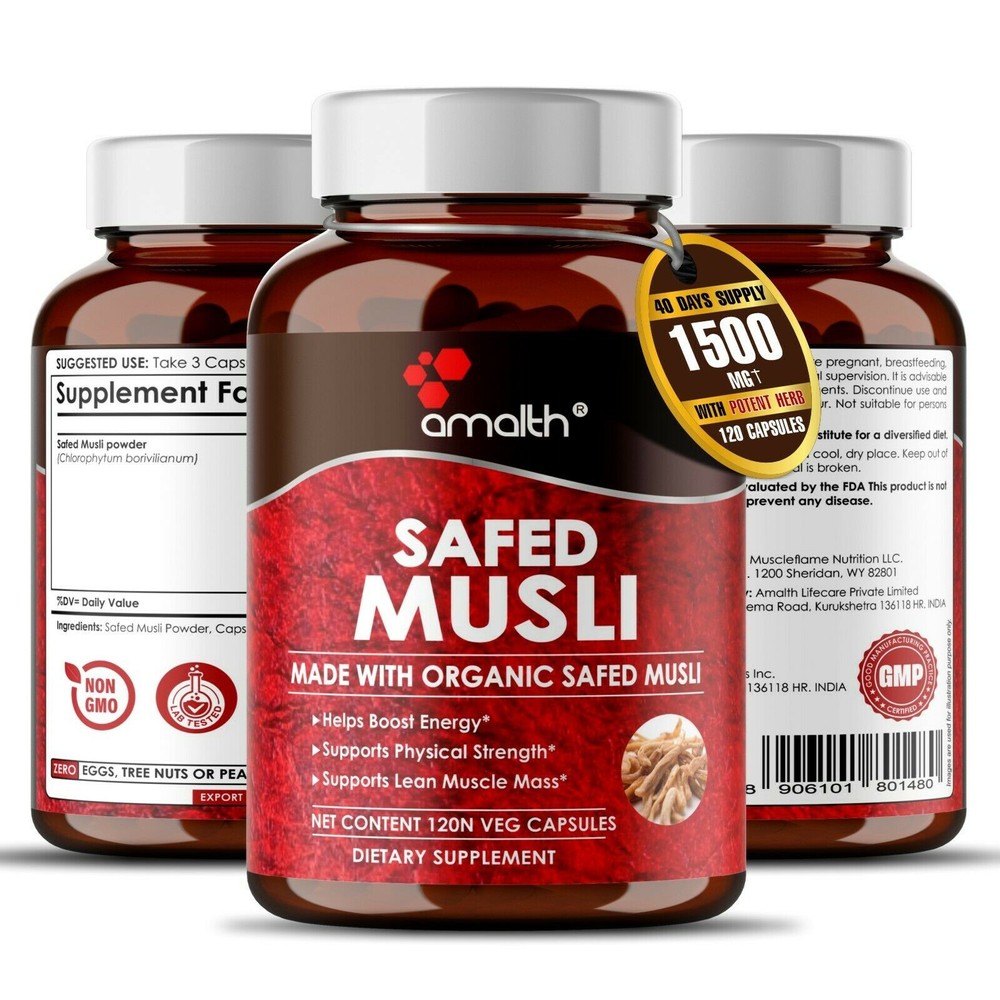 Organic Safed Musli Root Powder Chlorophytum 1500mg 120 Capsules Sexual Health