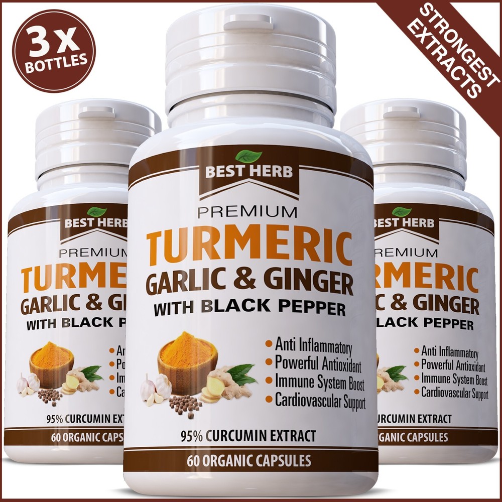 180 Capsules Pills Turmeric Garlic Ginger Black Pepper 95% Curcumin Antioxidant