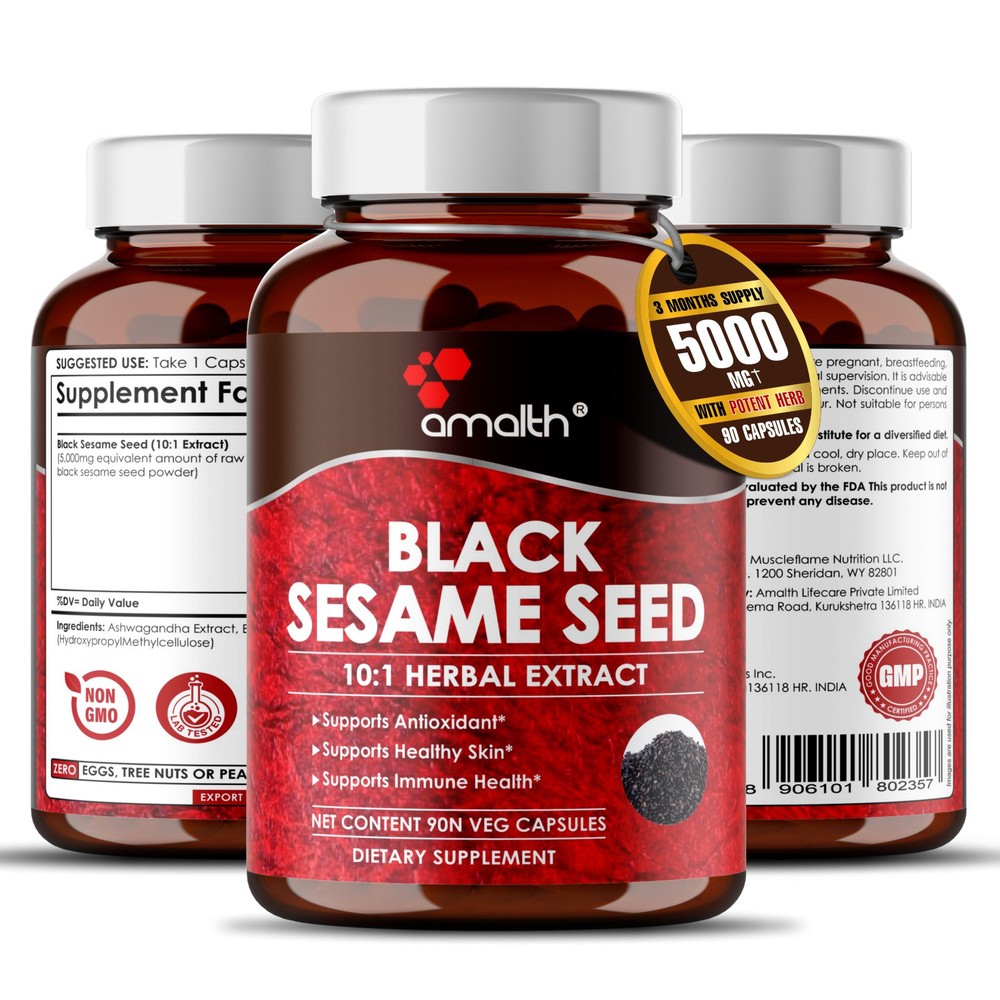 Black Sesame Seed Extract 5000mg Capsules – 90 Count – Supports Healthy Skin
