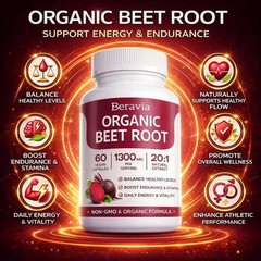 Beravia Organic Beet Root Capsules, Purely organic, Non-GMO 60-Counts