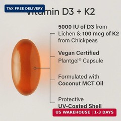 Sports Research® Vitamin D3 + K2 w/ Coconut Oil – Vegan Vitamin D 5000iu & Mk7 V