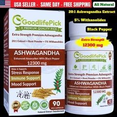 12300 mg Ashwagandha with 5% Withanolides & Black Peppe for Max Benefits-90ct
