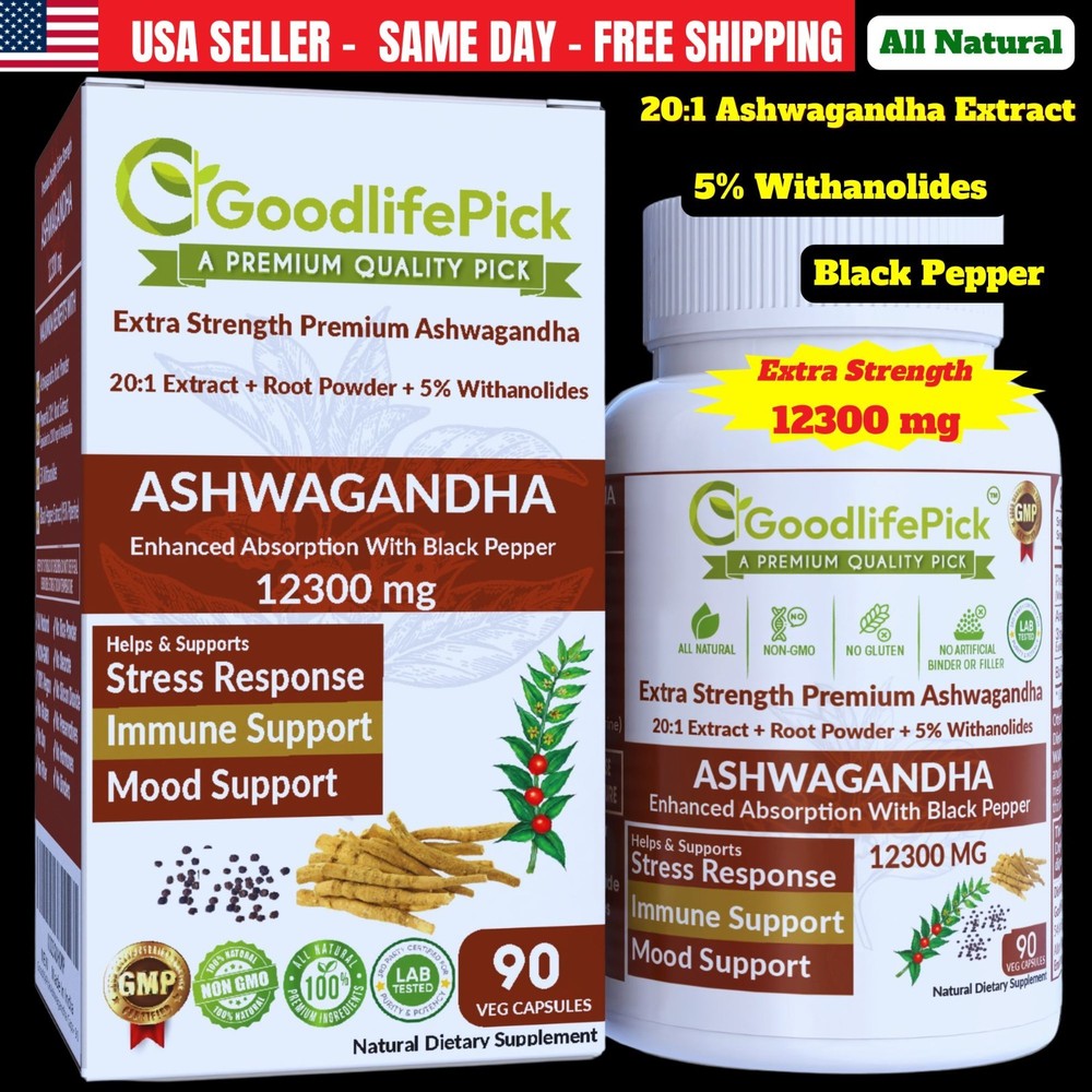 Best Ashwagandha 12300 mg with 5% Withanolides & Black Pepper-90ct Max Benefits