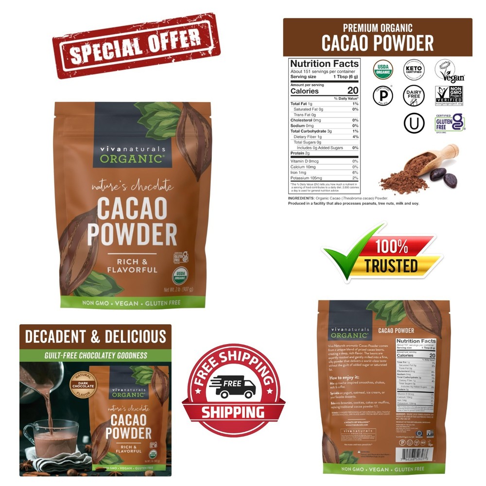 Organic Unsweetened Cacao Powder 32 oz – Rich Dark Chocolate Flavor,
