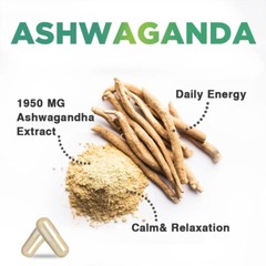 Organic Ashwagandha Capsules 1950mg Supplement w/ Black Pepper Root Powder