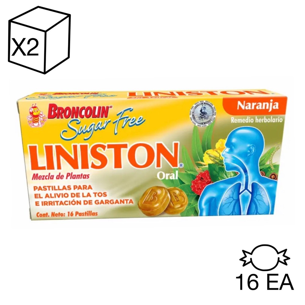 X2 SUGAR FREE LINISTON ORAL BRONCOLIN COUGH CANDIES 16 PCS/ EA ORANGE FLAVOR
