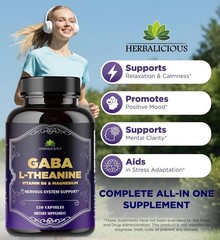 HERBALICIOUS GABA L-Theanine with Magnesium, Nervous System Support, 120 Caps