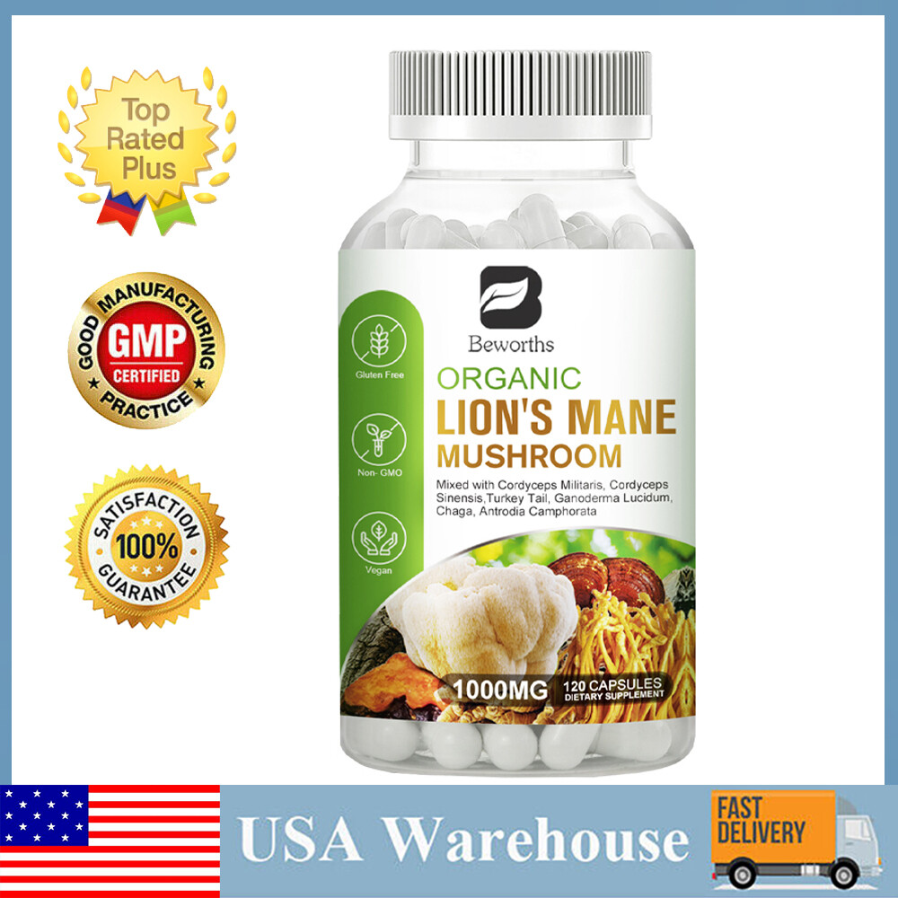 Beworths Lions Mane Mushroom 1000mg 120 Caps 2 Months Supply Memory Nootropic US