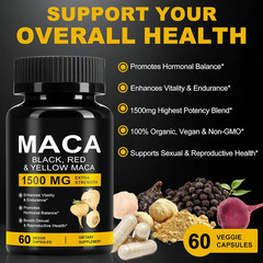 Maca Orgánica 1500mg Raíz Peruana Negra Roja Amarilla 60 Cápsulas Veganas
