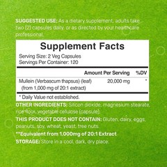 Mullein Leaf 20,000Mg, 240 Veggie Capsules – 20:1 Max Strength Leaf Extract NEW
