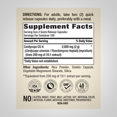 Cordyceps Sinensis Capsules 2000mg 2X200 Caps Mushroom CS-4 Strain Non GMO