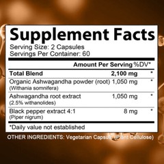 Organic Ashwagandha 2,100 mg w/ Black Pepper – Stress Relief, Mood Enhancer