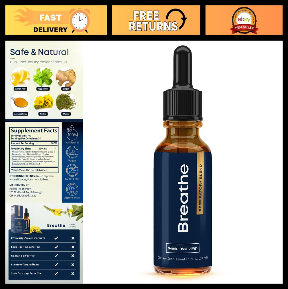8-in-1 Mullein Drops for Lungs & Airways – Peppermint, Thyme Extract, Detox, GMO