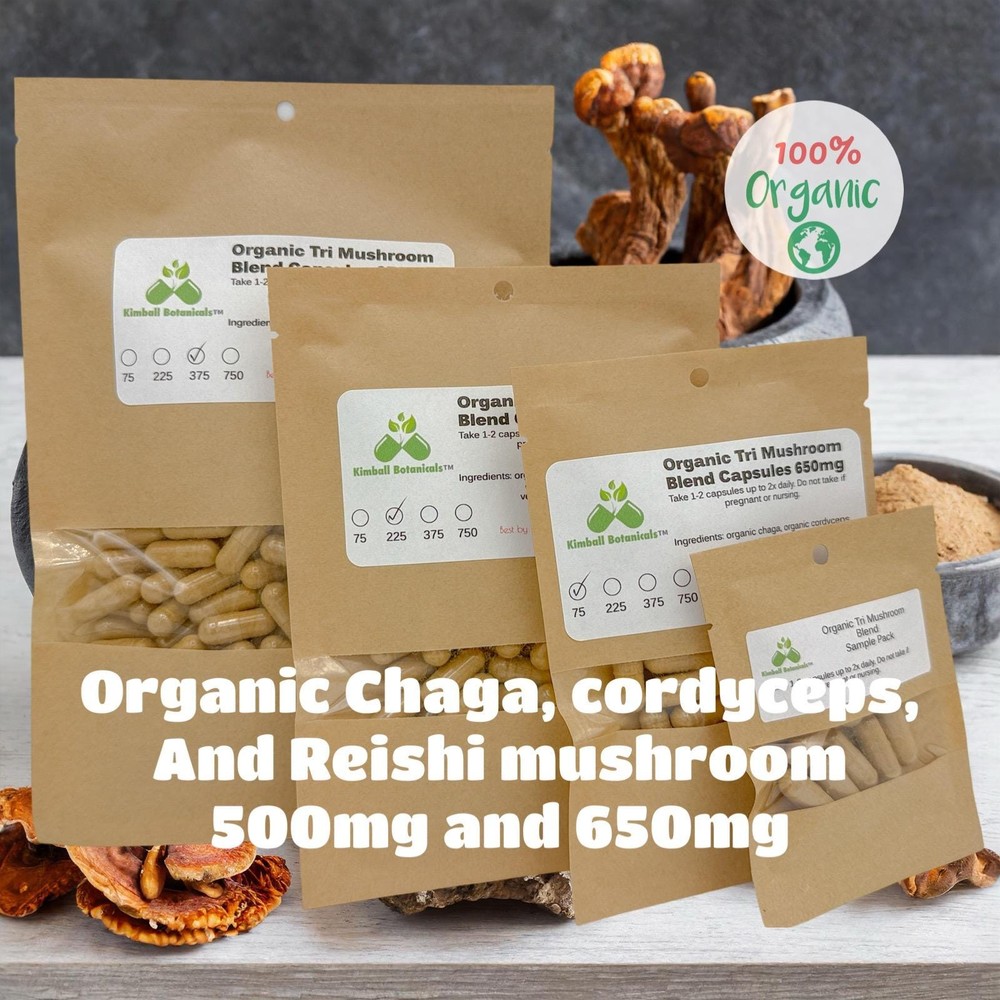 Organic Tri Mushroom Blend, Cordyceps Chaga and Reishi Mushrooms 500mg and